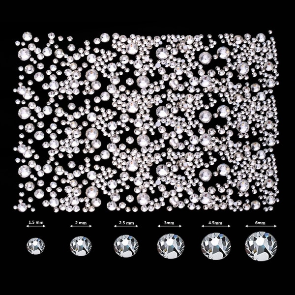 2000 stk. flade bagsider ædelstene rhinestones 6 størrelser (1,5-6 mm) runde krystal