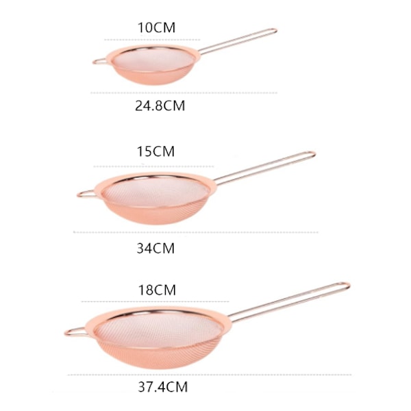 Køkkensigte - 3 stk. - Ø 10, 15 og 18 cm - Sigter - Sigtesæt - Kuglesigte - Passersigter - Melsigte - Køkkenhjælp - Rustfrit stål - Rose