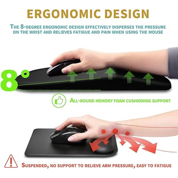 Ergonomisk musmatta, handledsstöd med massage-design, handledsstöd, smärtlindring, musmatta med minnesskum och halkfri PU-bas, musmattor för trådlös mus och skrivbord (200*300*25mm, svart)
