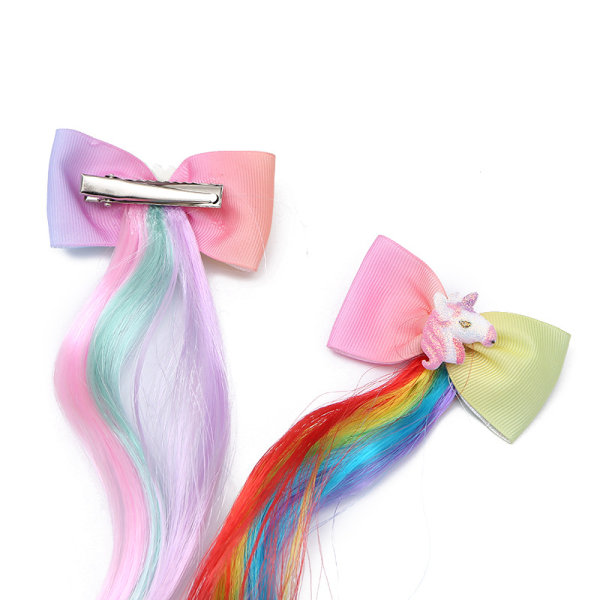 6 färgade Unicorn rosett hårklämmor med färgglada hårförlängningar Glitter B