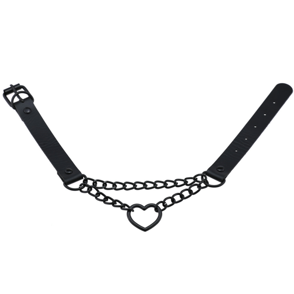 Läder Peach Heart Punk Halsband (svart), hjärtformad berlock justerbar