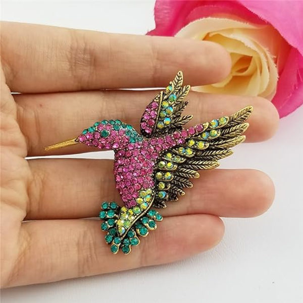 Antik tonad fågel kolibri flerfärgad österrikisk kristall brosch