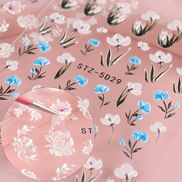 Prägling Fjäril Nagelkonst Dekaler 5D Självhäftande Design Nagelkonst Tillbehör Utsökt Lyxig Blomma Blad Spetsmönster  (6 ark)