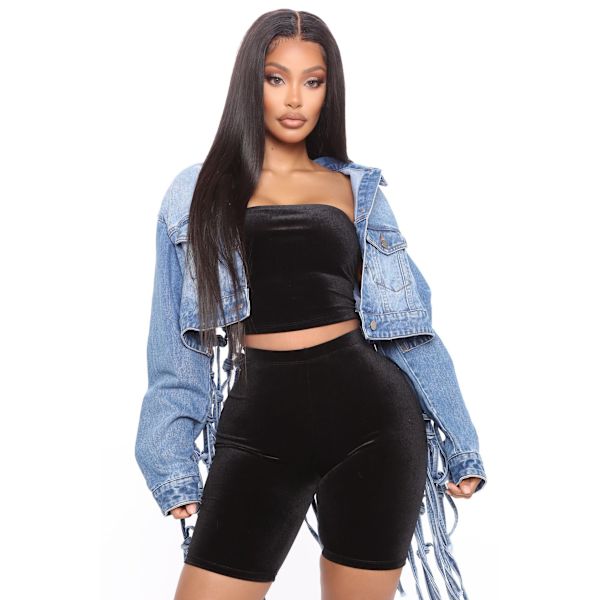 Kvinnors bakre mesh fransad denimjacka XL