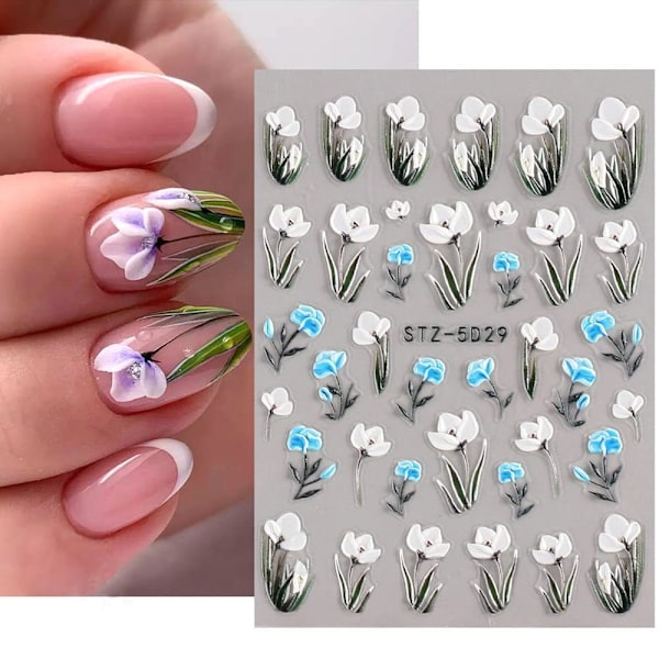 Prägling Fjäril Nagelkonst Dekaler 5D Självhäftande Design Nagelkonst Tillbehör Utsökt Lyxig Blomma Blad Spetsmönster  (6 ark)