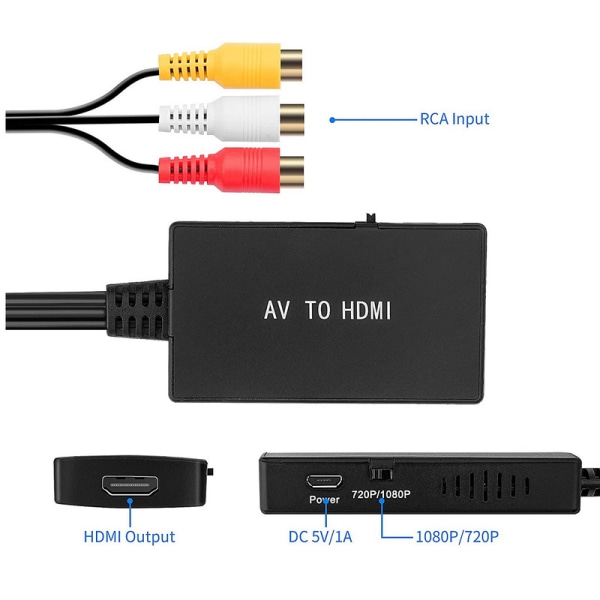 Rca till hdmi-adapter, cvbs till hdmi hd 1080p AV-omvandlare med hdmi-kabel
