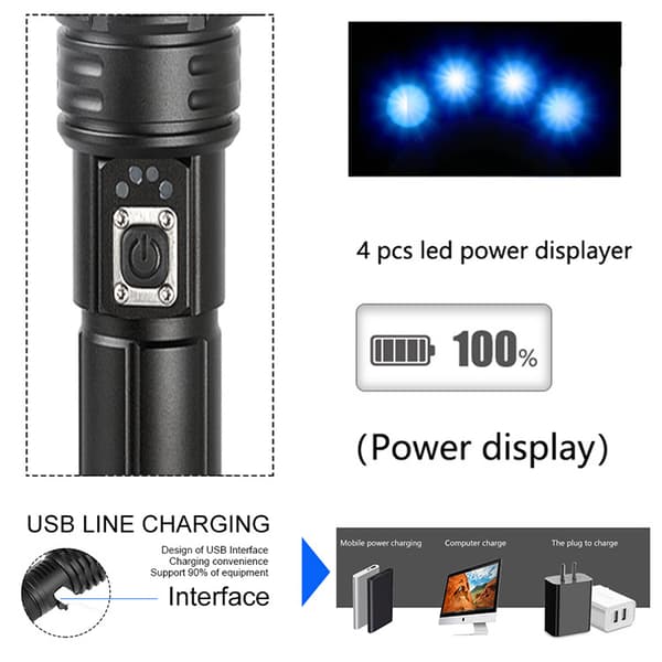 Taskulamppu USB-lataus sisään- ja ulostulo teleskooppinen zoom tehonäyttö