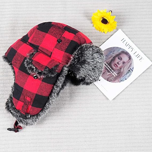 Buffalo Plaid Aviator Pels Trapper Hat Ushanka Eskimo Russisk Bomber Hat med Øreklapper til Kvinder Mænd