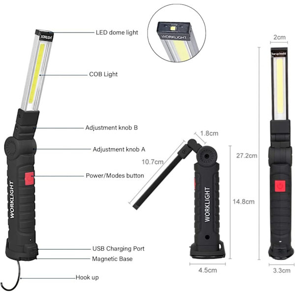 4x USB-C Uppladdningsbar LED-Ficklampa, 360° Magnetisk Arbetslampa - 5 COB-lägen för Bilreparation/Camping/Nödsituation - Presenter till Män (Svart) [Energiklass A