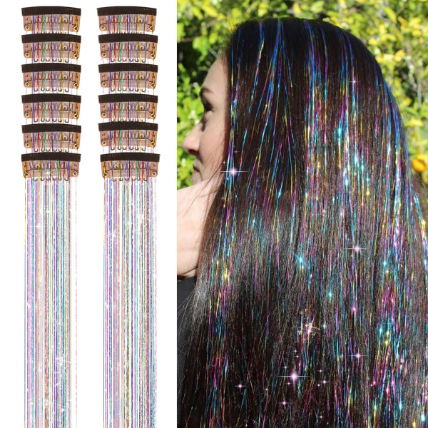 12st Clip in Hair Tinsel Kit, 20,5 tum Rainbow Glitter Värmebeständig