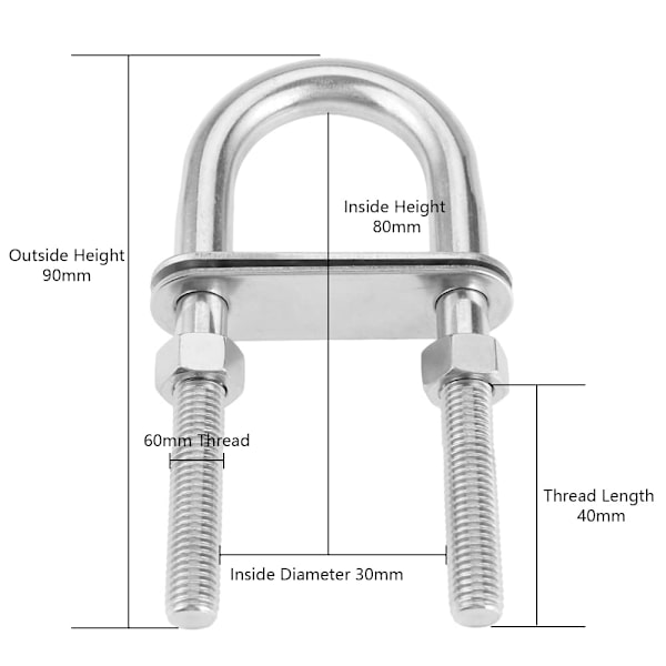 2 kpl M6 x 90 mm hopeoitu ruostumaton teräs U-pultti vastalevyllä ja muttereilla
