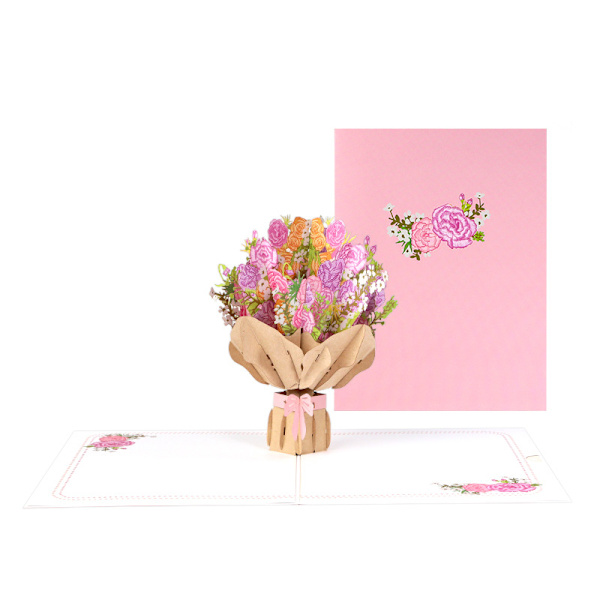Pink Flower Bouquet Pop Up-kort, 3D Flower Takkekort til Mors Dag, Jubilæum, Tænker på dig, Valentinsdag, Alle lejligheder