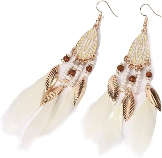 Bohemian Feather Fishhook Øreringe Lange Drop Dangle Øreringe Kvinder Pige