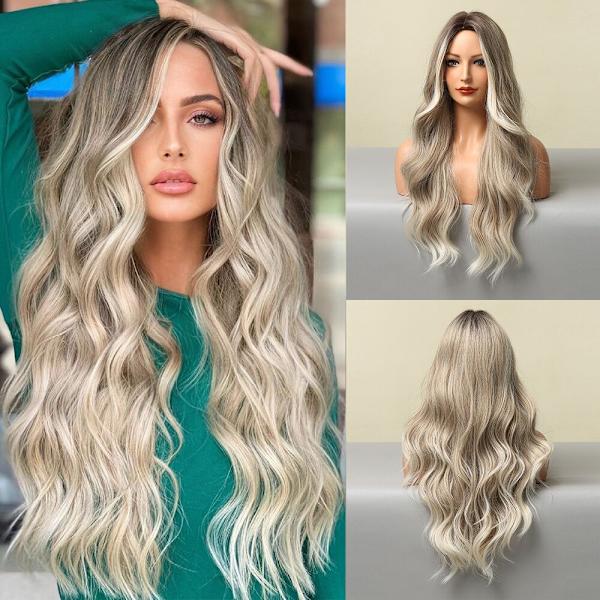 Ombre blond parykk lang bølget parykk for kvinner midtskill bølget parykker syntetisk