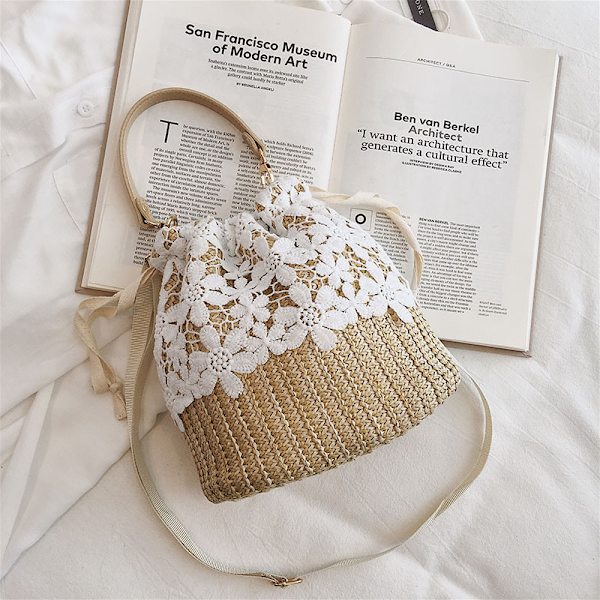 Gräs vävd väska rotting vävd strand semester bärbar crossbody väska läder