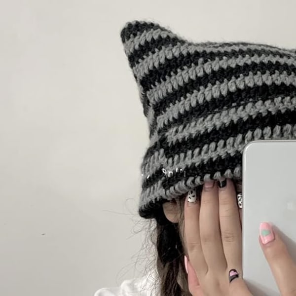 1 stk hæklet hue til kvinder kat hue vintage huer kvinder ræv hue grunge tilbehør slouchy huer til kvinder mørkegrå