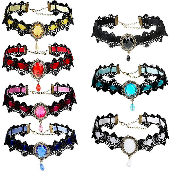 7 stk. gotiske choker-halskæder til kvinder, retro håndlavet sort blondechoker