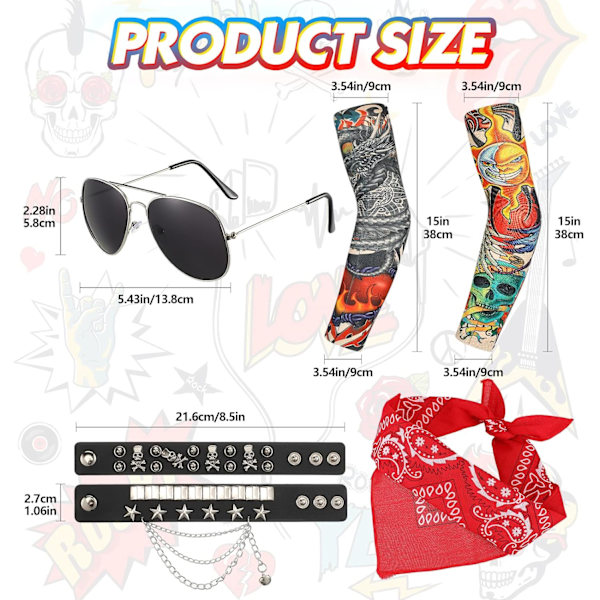 6-delad punk gotisk rocker-kit inklusive 2 falska tatueringsärmar