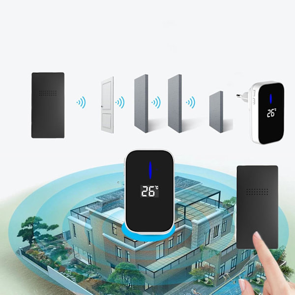 Trådlös dörrklocka, batterifri trådlös dörrklocka, självförsörjande dörrklockeknapp elektronisk ringsignal kit temperaturdisplay med 38 ringsignaler, 4 volymlägen