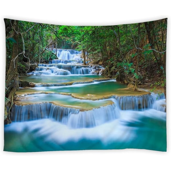 Green Waterfall Tapestry Tropical Jungle Tree Rainforest Stone River N