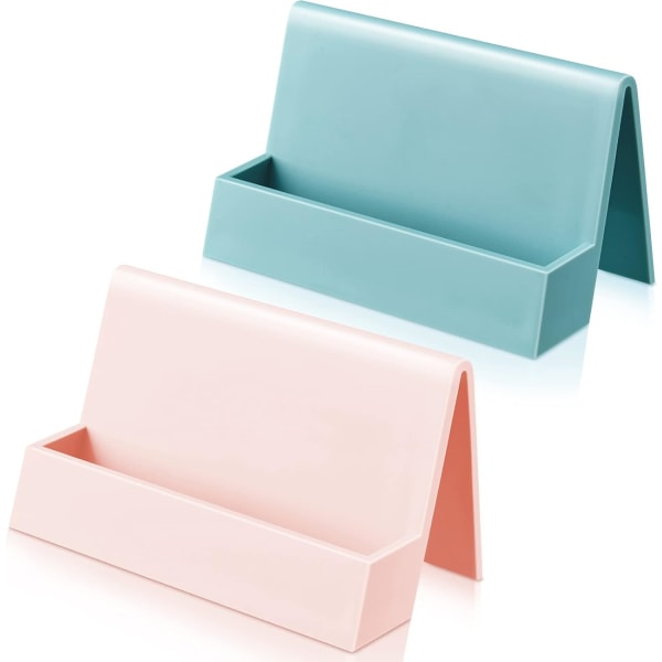 2-delad visitkortshållare för skrivbord Modernt case i plast Visningsställ Bordsskiva visitkortsställ för kvinnor och män (rosa, ljusblå)