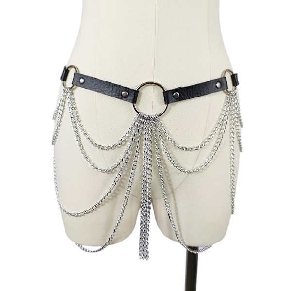 Lagdelt skinnbelte med kjeder Body Harness Sexy midje Goth tilbehør