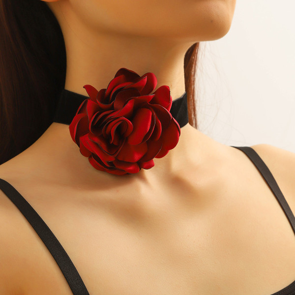 Flower Rose Halsband Women's Burgundy Big Rose Velvet Silk Gothic Adju