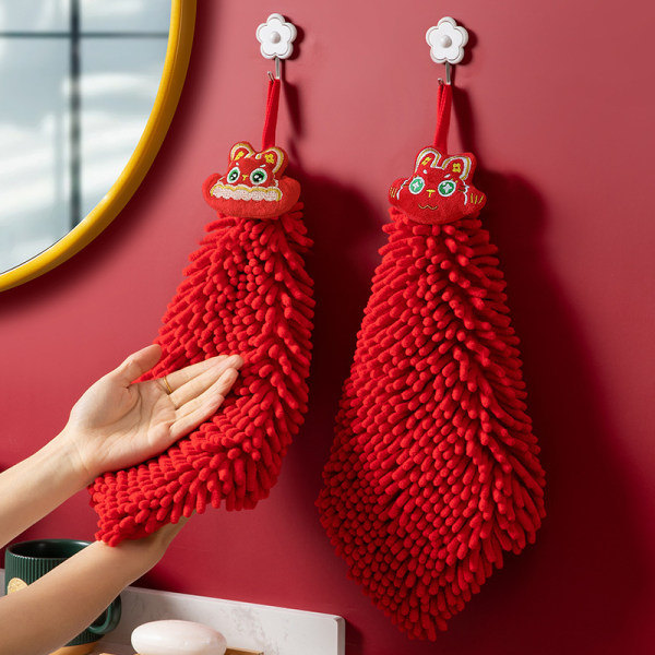 Chenille handduk, söt köksbadrum absorberande näsduk, röd