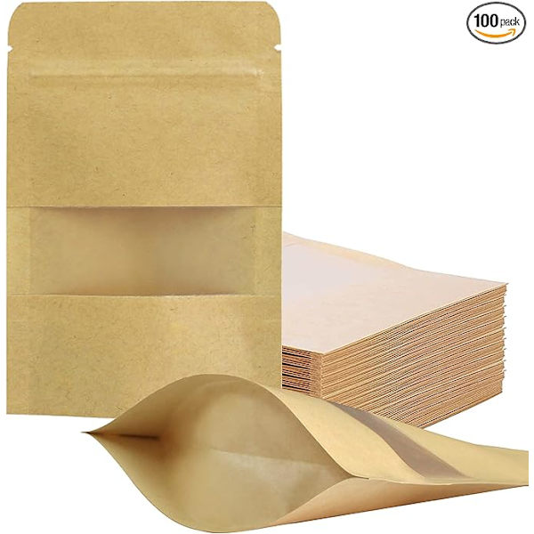 100 st återförslutningsbara påsar 3,5\" x 5,5\" Stående Kraftpapperspåsar med matt fönster Ziplock Matförvaringspåsar för förpackning Återanvändbar förslutningsbar