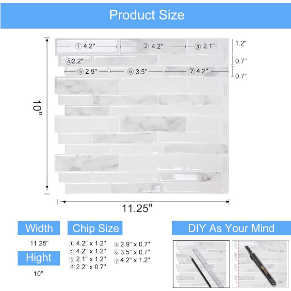 Marmor Peel and Stick Backsplash, 10-ark Premium 3D Selvhæftende Fliser