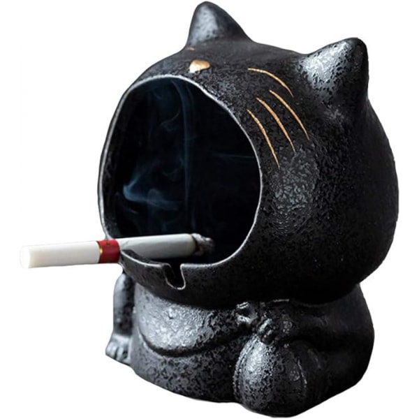 Keramisk askkopp i form av katt, prydnadsföremål, förvaringslåda, 13 x 11 cm, svart