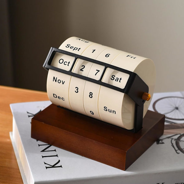 Træ evighedskalender, roterende skrivebordskalender i træ, genanvendelig tidskort, evighedsbordkalender til hjem og kontor