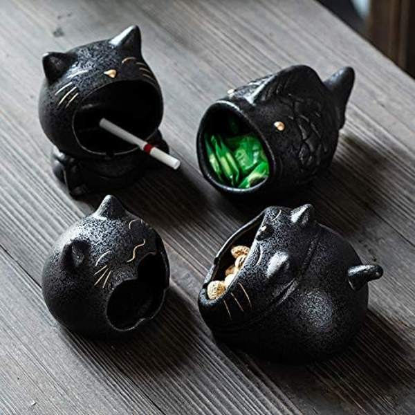 Keramisk askkopp i form av katt, prydnadsföremål, förvaringslåda, 13 x 11 cm, svart