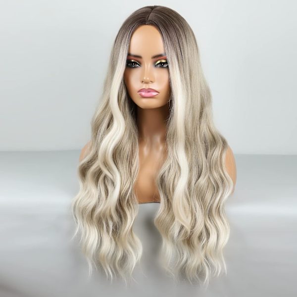Ombre blond parykk lang bølget parykk for kvinner midtskill bølget parykker syntetisk