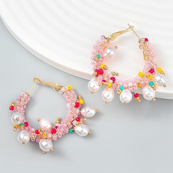 Kvinde Hoop Øreringe - Statement Drop Øreringe Boho Håndlavede Seed Bead