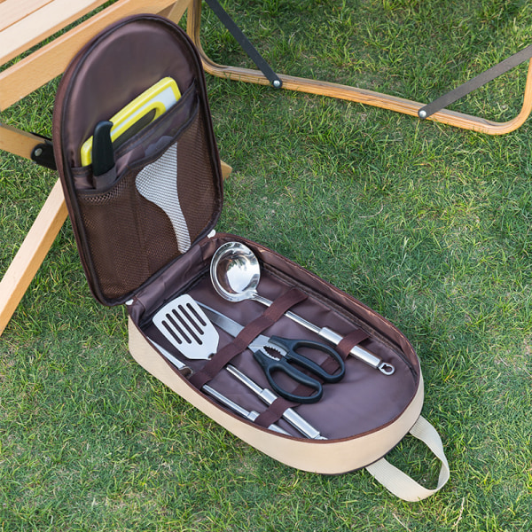 Bestickförvaringsväska, picknick bärbar köksredskap handväska, grill picknick bestickväska, khaki utan bestick
