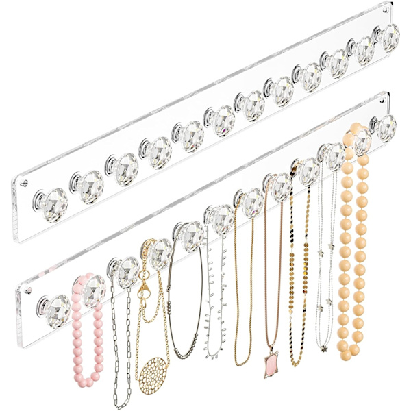 Akryl Halsbandshållare 2-pack, Väggmonterade Smyckeshängare med 12 Diamantformade Krokar för Halsband, Armband och Armring Visningsställ