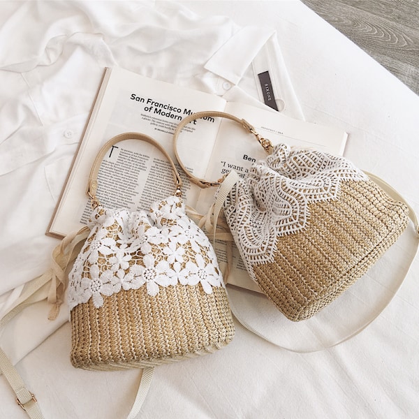 Gräs vävd väska rotting vävd strand semester bärbar crossbody väska läder