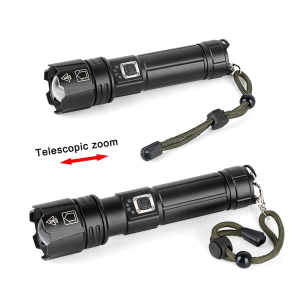Taskulamppu USB-lataus sisään- ja ulostulo teleskooppinen zoom tehonäyttö