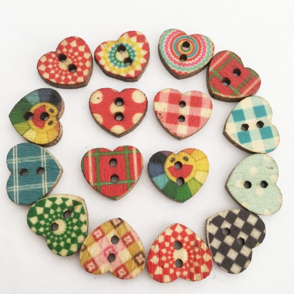 Heart Shaped Buttons - 100 Pcs 16*18mm Wooden Colorful 2 Holes Mixed D