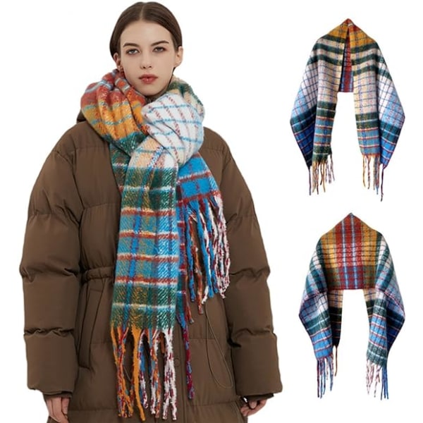 Regnbågsrutig halsduk dam imitation mohair vinterhalsduk tjock varm sjal
