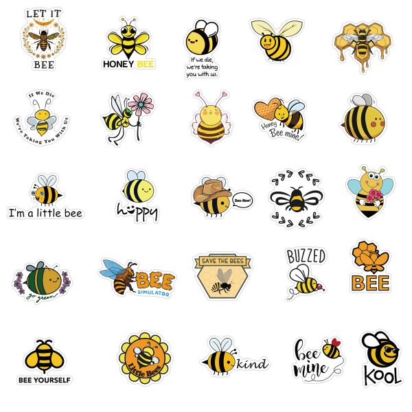 50 STK Inspirational Bee Stickers Pack (Bee) 3-6cm gul