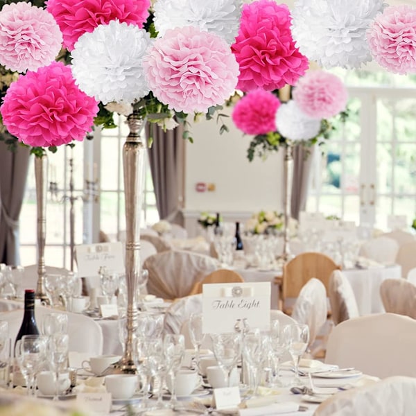 18 lyserøde blomsterpomponer til en piges dåb, silkepapirpomponer. Dekoration til en fødselsdag eller en babyshower