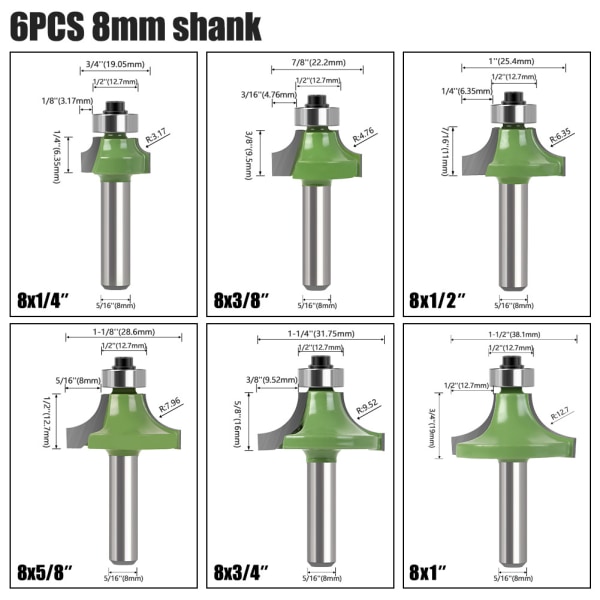 6 st rundade kantfräsar med 8 mm skaft, rundad hörnradie fräs