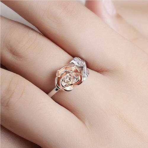 Dames Rose Blomster Ring Blad Justerbar Wrap Åbne Ringe, Farve Rose Guld Sølv