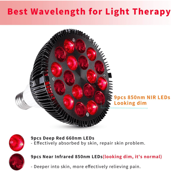 Rødt lys terapi, 18 LED'er rødt lys terapi til krop og ansigt med 660nm rød og 850nm nær-infrarød kombinationsbølgelængde, infrarødt lys terapi lampe enhed (kun pære)