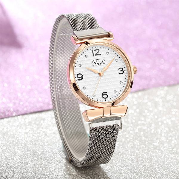 Magnetklocka för kvinnor, diamant armbandsklocka, roséguld med vit urtavla