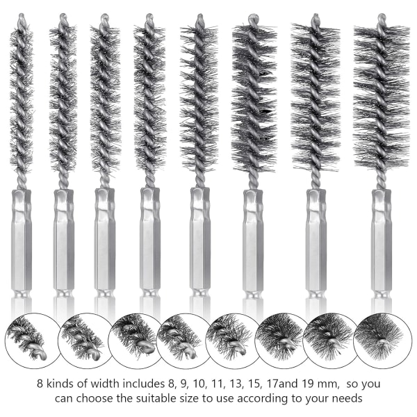8-osainen teräsharjakoneen poranterien puhdistusharjasarja 1/4 tuuman kuusiovarrella
