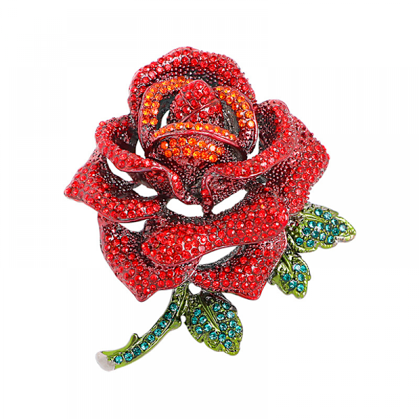 Rhinestone Rose Flower Brosche Pin til Kvinder Mænd Mode Rød Grøn Krystal Stor Blad Brosche Reversnåle Elegant Kjole Tilbehør Smykker 73*65mmrød