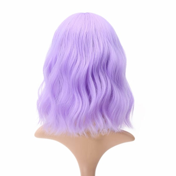 Vågig peruk Kort lila peruk med luftsmäll Axellång peruk för kvinnor